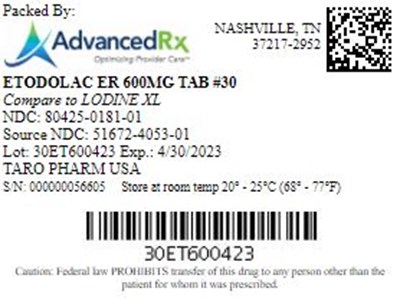 Etod#30 (Etodolac Er 600mg Tab Qty 30 Ndc 80425 0181)